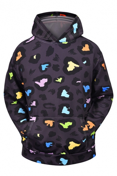 Stylish Mens 3D Leopard Abstract Pattern Pocket Drawstring Long Sleeve Regular Fit Hooded Sweatshirt