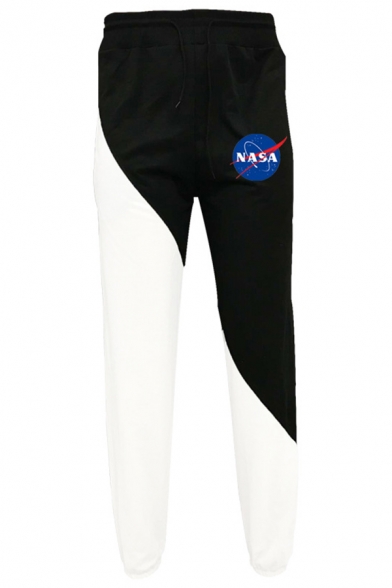 Stylish Mens Letter Nasa Flag Graphic Drawstring Waist Colorblock Ankle Cuffed Carrot Fit Sweatpants in Black