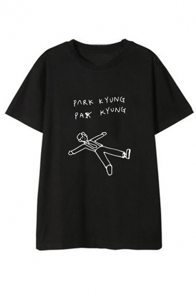 Stylish Mens Letter Park Kyung Cartoon Graphic Short Sleeve Crew Neck Loose T Shirt