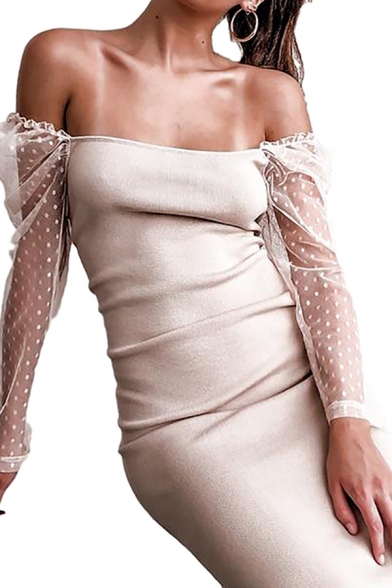 Stylish Womens Polka Dot Print Sheer Mesh Long Sleeve Square Neck Midi Bodycon Dress in Pink