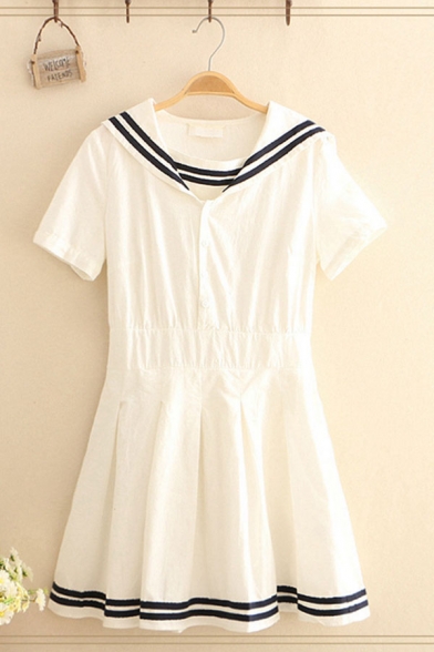 Trendy Girls Striped Short Sleeve Button up Sailor Collar Mini Pleated A-line Dress