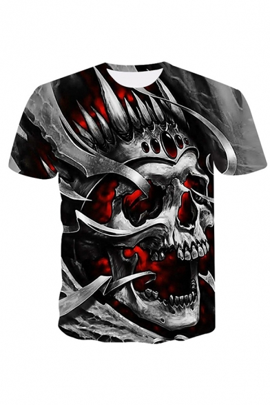 Unique Men's Skull 3D Pattern Crew Neck Short Sleeve Fitted T-Shirt