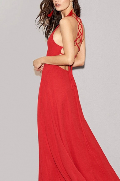 Amazing Womens Lace-up Back Sleeveless Maxi Flowy Cami Dress in Red