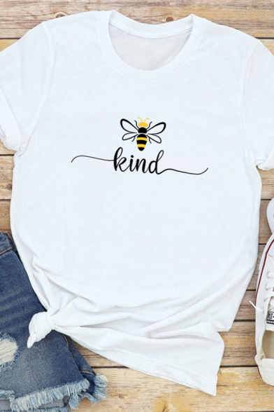 Basic Womens Cartoon Bee Letter Kind Graphic Rolled Short Sleeve Crew Neck Slim Fit Tee Top