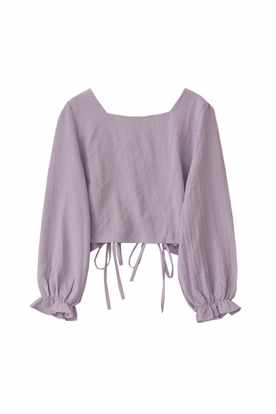 Boutique Girls Solid Color Double Ruched Drawstring Ruffle Trim Square Neck Long Puff Sleeve Slim Fit Crop Shirt