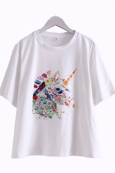 Cartoon Unicorn Printed Short Sleeve Crew Neck Relaxed Fit Stylish T Shirt in White