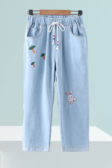 Casual Womens Carrot Rabbit Embroidered Drawstring Waist Ankle Length Cropped Straight Jeans