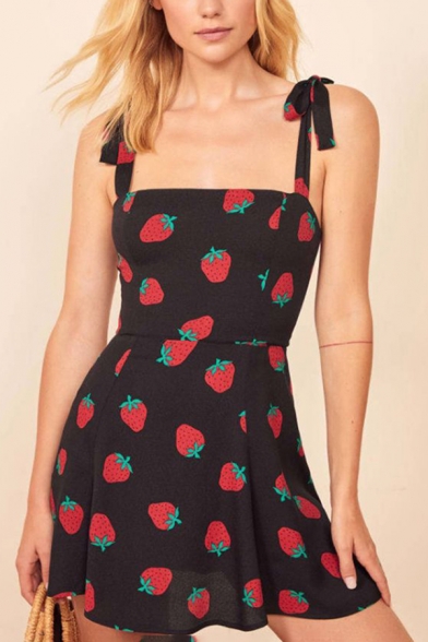 Chic Girls Allover Strawberry Pattern Bow Tied Shoulder Mini Pleated A-line Slip Dress in Black