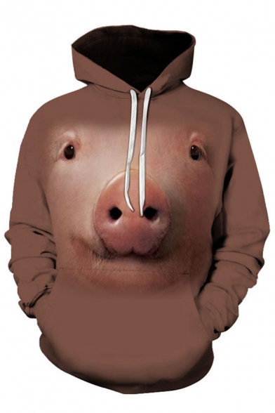 Chic Mens 3D Pig Printed Pocket Drawstring Long Sleeve Regular Fitted Hooded Sweatshirt