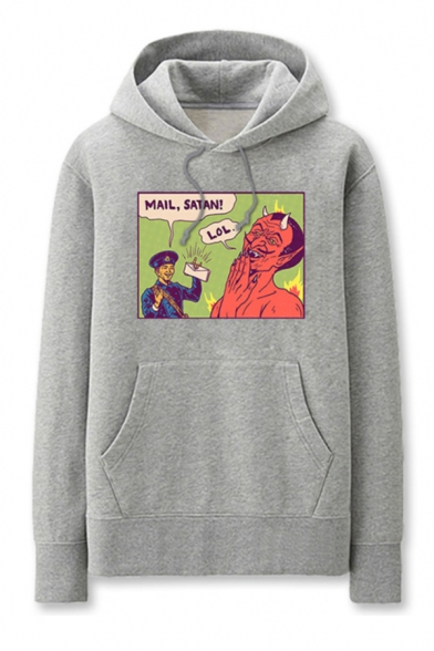 Chic Mens Figure Letter Mail Satan Pattern Cuffed Drawstring Long Sleeve Regular Fit Graphic Hooded Sweatshirt with Kangaroo Pocket