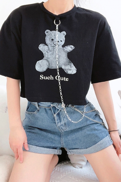 Chic Womens Letter Such Cute Cartoon Bear Graphic Short Sleeve Crew Neck Chain Embellished Relaxed Fit Cropped Tee Top