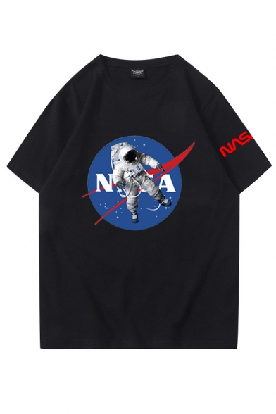 Cool Mens Astronaut Letter Nasa Graphic Short Sleeve Crew Neck Oversize T Shirt