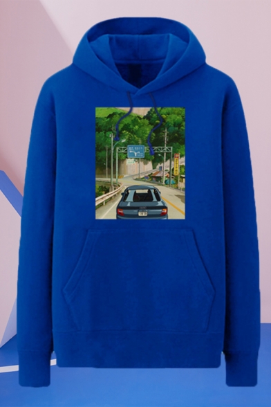 Cool Mens Car Road Pattern Pocket Drawstring Long Sleeve Regular Fit Hooded Sweatshirt