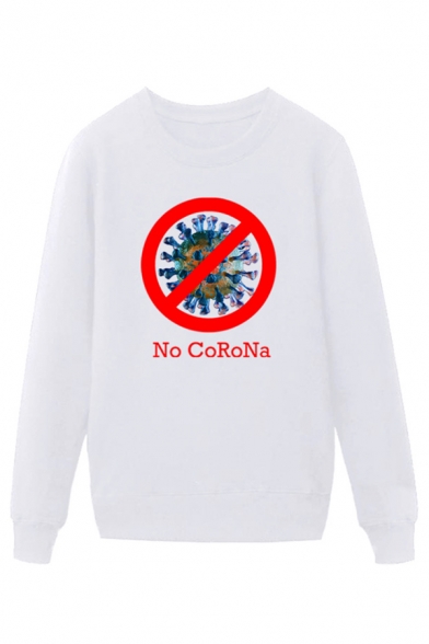 Cool Virus Letter No Corona Printed Pullover Long Sleeve Round Neck Regular Fitted Graphic Sweatshirt for Men