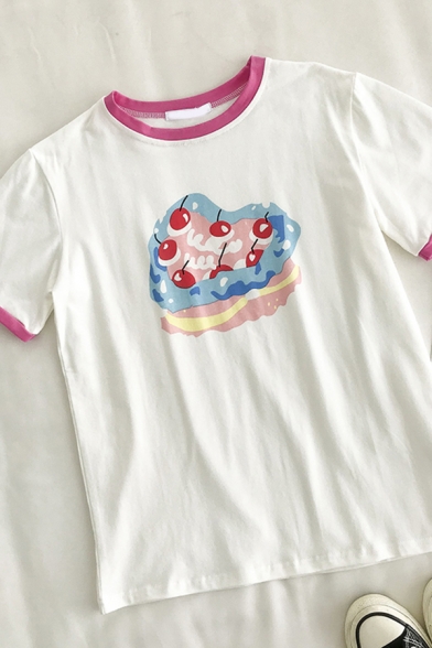 Cute Girls Cartoon Cake Printed Patchwork Crew Neck Short Sleeve Regular Fit Top T Shirt