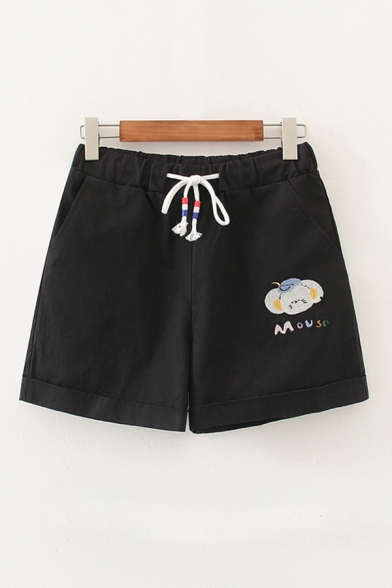 Cute Girls Letter Mouse Cartoon Mouse Pockets Drawstring rolled edge Elastic Waist Slim Fit Shorts