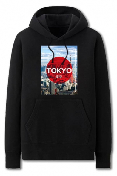 Fancy Mens Landscape Pattern Letter Tokyo Pocket Drawstring Long Sleeve Regular Fit Graphic Hooded Sweatshirt