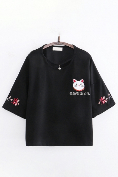 Harajuku Girls Japanese Letter Cat Flower Embroidered 3/4 Sleeve Round Neck Relaxed T Shirt