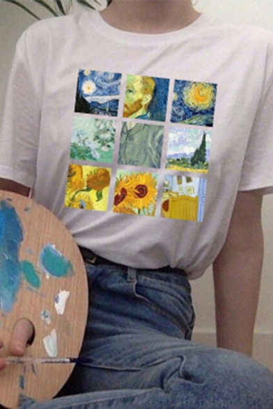 Leisure Womens Spoof Van Gogh Graphic Short Sleeve Round Neck Relaxed T Shirt in White