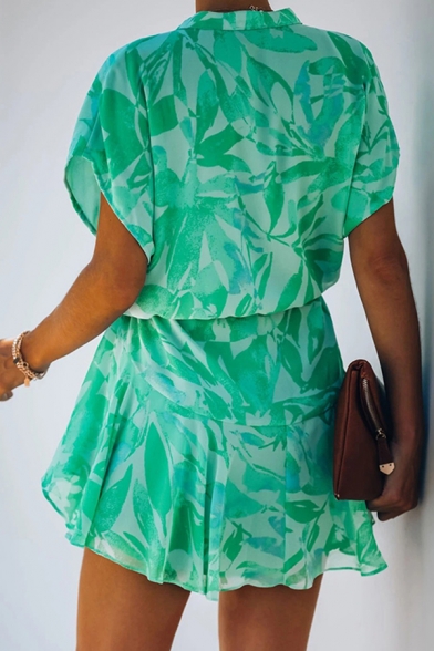 Popular Green Allover Floral Print Ruffled Short Sleeve V-neck Button up Drawstring Waist Short Pleated A-line Dress in Green