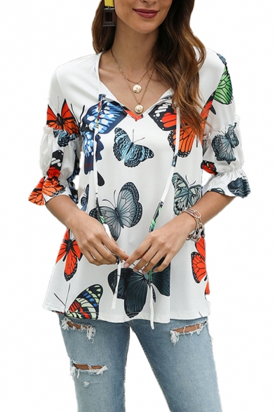 Popular Ladies Allover Butterfly Print Bell Sleeve V-neck Relaxed T-shirt in White