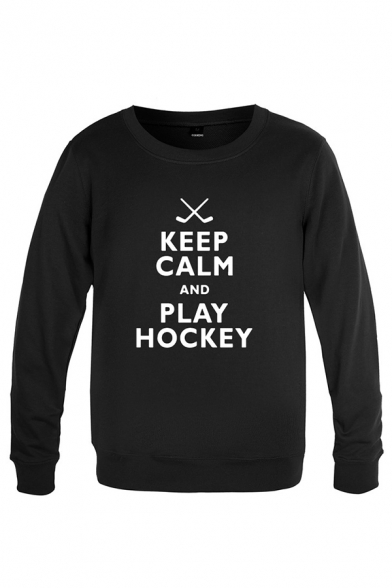 Popular Mens Brassie Letter Keep Calm and Play Hockey Printed Long Sleeve Round Neck Regular Fitted Graphic Pullover Sweatshirt