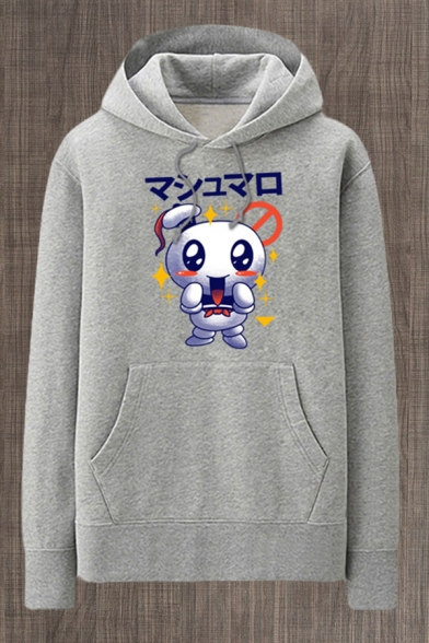 Popular Mens Cartoon Nose Mouth Pattern Japanese Letter Pocket Drawstring Long Sleeve Regular Fit Graphic Hooded Sweatshirt