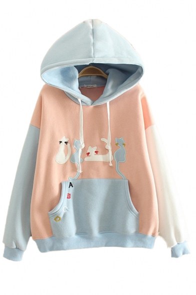 Popular Thick Sherpa Liner Cat Embroidery Contrasted Long Sleeve Drawstring Kangaroo Pocket Loose Hoodie for Girls