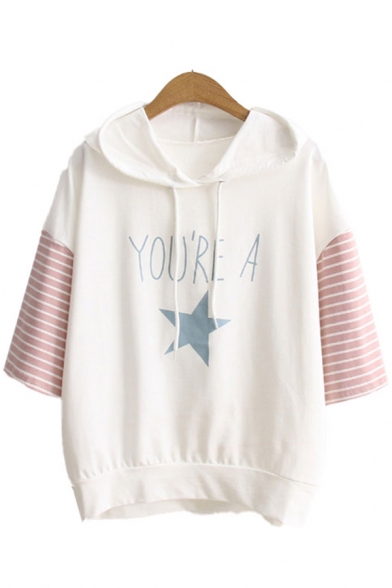 Popular Womens Letter You're A Star Graphic Striped Patched 3/4 Sleeve Hooded Drawstring Loose T Shirt