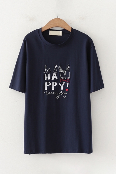 Preppy Girls Letter Happy Cartoon Cat Embroidered Short Sleeve Crew Neck Relaxed Tee