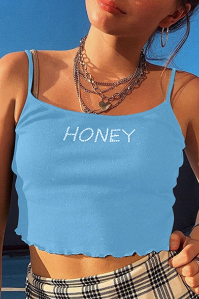 Sexy Womens Letter Honey Rhinestone Spaghetti Straps Stringy Selvedge Slim Fitted Cropped Cami Top