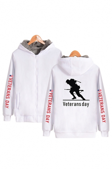 Simple Mens Character USA Flag Letter Veterans Day Printed Zipper up Pocket Long Sleeve Regular Fit Graphic Hooded Sweatshirt