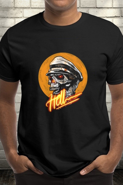 Street Boys Letter Hell Skull Graphic Short Sleeve Crew Neck Slim Fit T Shirt in Black