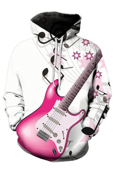 Stylish Mens 3D Note Guitar Brick Hand Pattern Pocket Drawstring Long Sleeve Regular Fit Hooded Sweatshirt