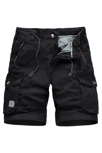 Stylish Mens Shorts Solid Color Flap Pocket Drawstring Button Zipper Mid Rise Regular Fitted Cargo Shorts