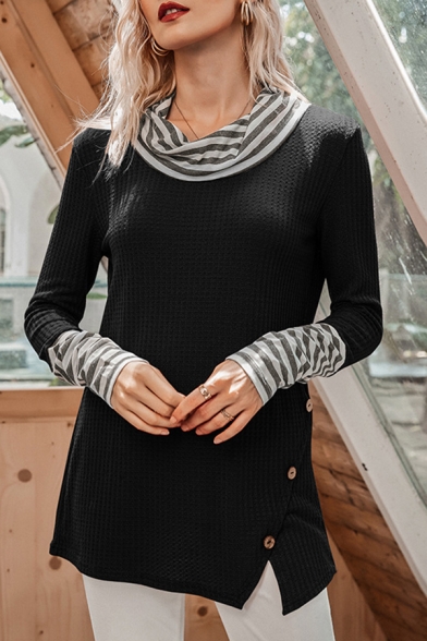 Stylish Womens Waffle Knit Stripe Print Panel Long Sleeve Cowl Neck Button Side Loose T Shirt