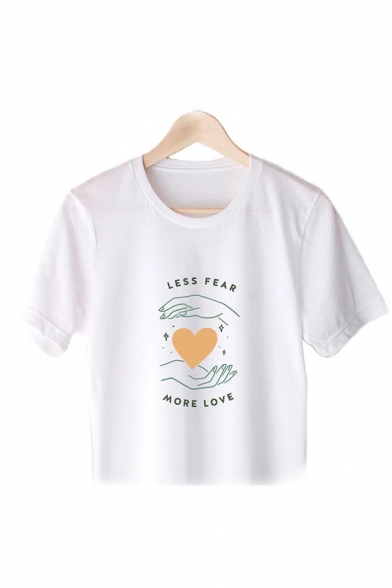 Summer Girls Letter Less Fear Hand Heart Graphic Short Sleeve Crew Neck Relaxed Tee Top in White
