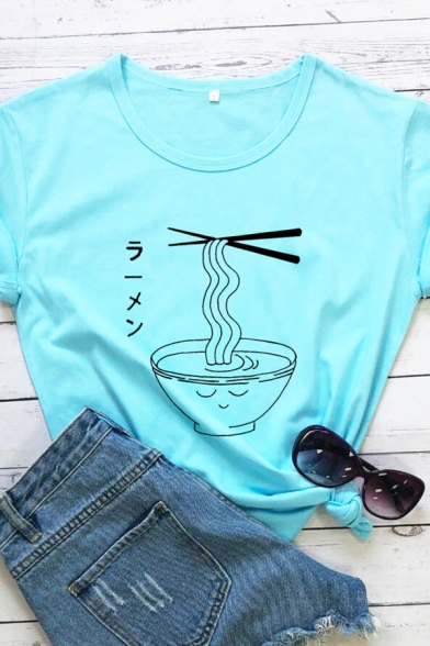 Summer Japanese Letter Noodles Graphic Rolled Short Sleeve Crew Neck Slim Fit Tee Top for Women