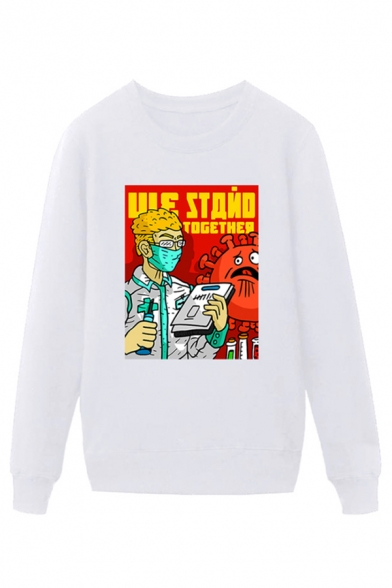 Trendy Doctor Virus Letter Ule Stand Together Printed Pullover Long Sleeve Round Neck Regular Fitted Graphic Sweatshirt for Men