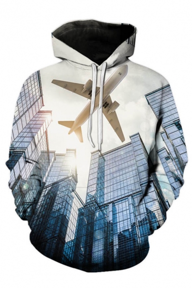 Trendy Gray 3D Plane Building Printed Pocket Drawstring Long Sleeve Regular Fitted Hooded Sweatshirt for Men