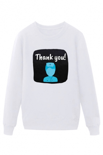 Trendy Nurse Letter Thank You Printed Pullover Long Sleeve Round Neck Regular Fitted Graphic Sweatshirt for Men