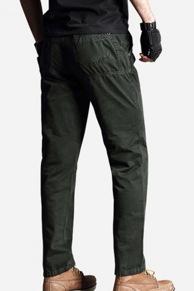 Trendy Pants Solid Color Zip-fly Button Detail Pockets Stitch Full Length Straight Fit Chino Pants for Men