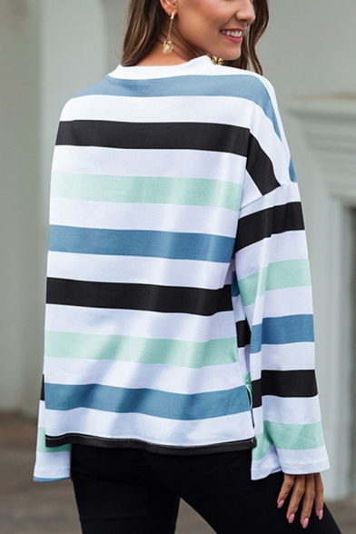 Trendy Stripe Printed Long Sleeve Round Neck Relaxed Fit Tee Top for Women