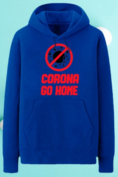 Trendy Virus Letter Corona Go Home Printed Pocket Drawstring Long Sleeve Regular Fit Graphic Hooded Sweatshirt for Men