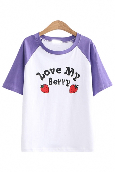 Trendy Womens Letter Love My Berry Strawberry Graphic Raglan Short Sleeve Round Neck Loose T Shirt