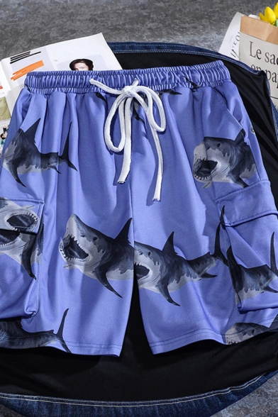 Unique Shorts Shark Print Drawstring Flap Pocket Relaxed Fit over the Knee Length Track Shorts for Men
