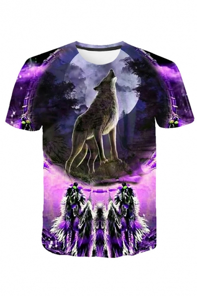 Unique Wolf 3D Pattern Crew Neck Short Sleeve Fitted Tee Top for Men