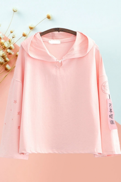 Vintage Womens Floral Embroidered Chinese Letter Patched Long Sleeve Hooded Frog Button Loose T Shirt