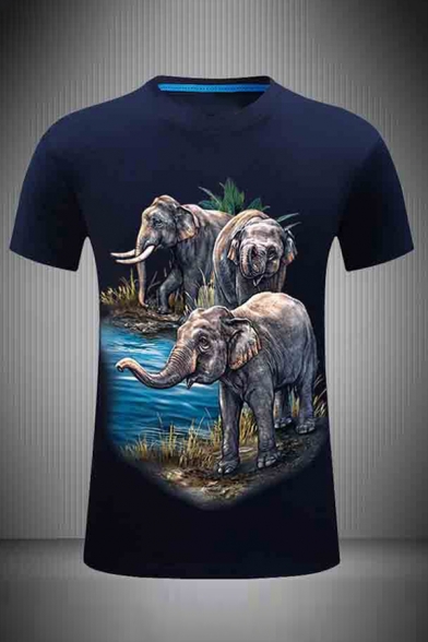 3D Casual Mens Elephant Plant Pattern Slim Fitted Short Sleeve Crew Neck Tee Top