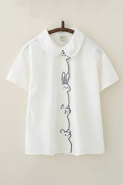 Animal Embroidery Short Sleeve Peter Pan Collar Button down Relaxed Fit Cute Shirt in White